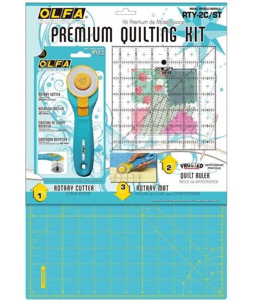 OLFA Premium Quilting Kit - Piano di Taglio Azzurro + Taglierina Rotante + Righello in pollici