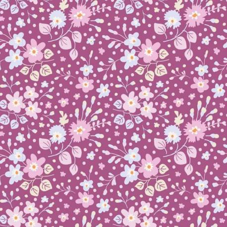 Tilda 110 PlumGarden, Flower Confetti Plum, fondo prugna e piccoli fiori vari rosa e celeste, foglie beige. Tilda Fabrics - 1