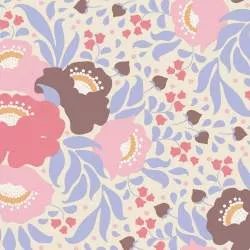 Tilda 110 PlumGarden, Autumn Bouquet Blue, fondo avorio, mazzi rose grandi colori salmone, rosa e marrone, foglie lilla Tilda Fa