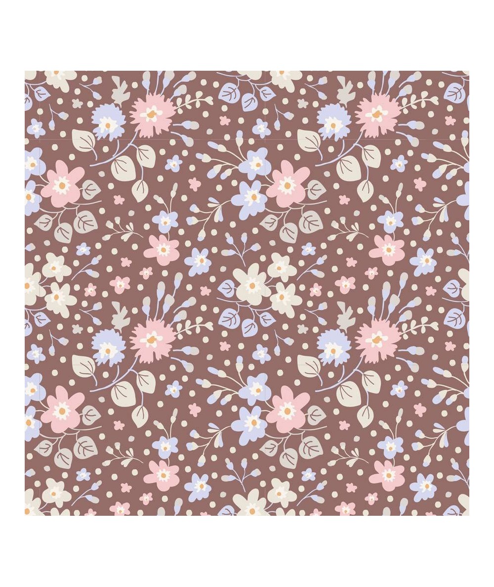 Tilda 110 PlumGarden, Flower Confetti Nutmeg, fondo marrone e fiori vari celeste e rosa, foglie avorio Tilda Fabrics - 1