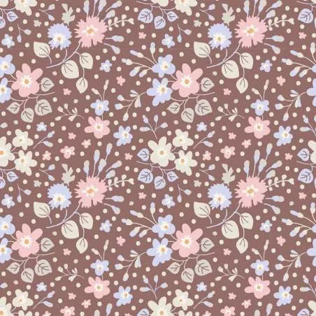 Tilda 110 PlumGarden, Flower Confetti Nutmeg, fondo marrone e fiori vari celeste e rosa, foglie avorio Tilda Fabrics - 1