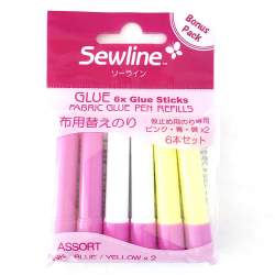 GLUE PEN - 6 Ricariche per Colla Stick per Tessuto Idrosolubile Blu, Gialle, Rosa Sewline - 1