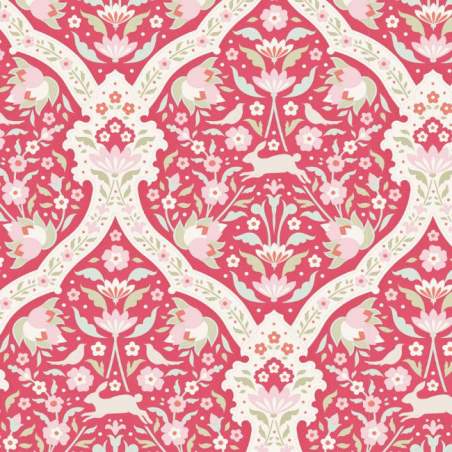 Tilda 110 Bon Voyage Hare Tile Red, Tessuto Lepri Uccelli e Fiori su Rosso Tilda Fabrics - 1