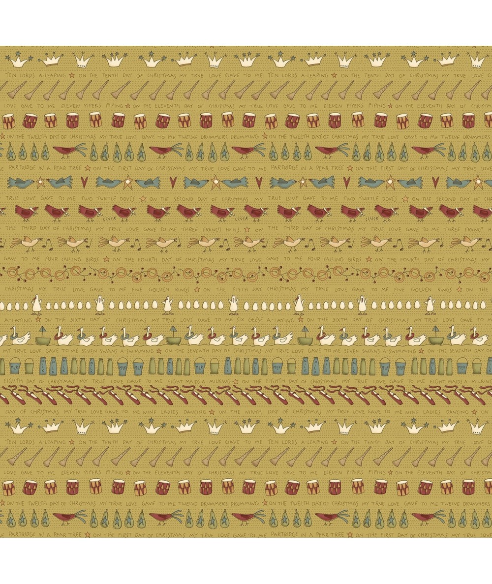 Henry Glass, On The 12th Day by Anni Downs - Tessuto Verde con Song Design - 110cm Henry Glass - 1