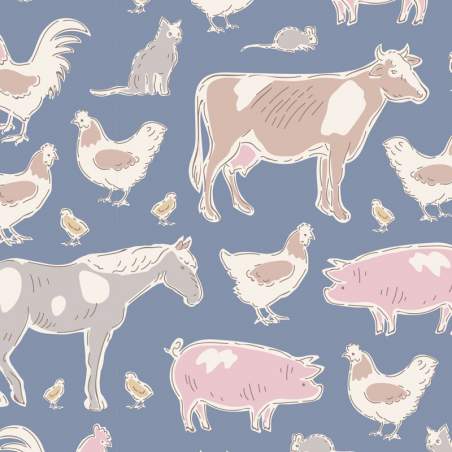 Tilda Tiny Farm Animals Blue, Tessuto Blu Animali della Fattoria Tilda Fabrics - 1