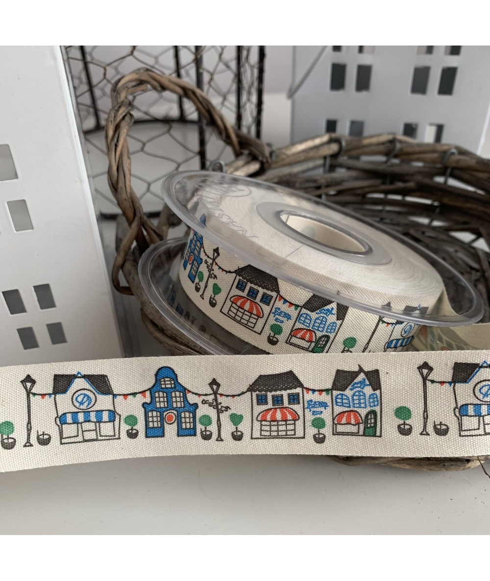 Nastro Colore Bianco con Casette Azzurro Altezza 25 mm