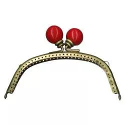 Chiusura Clutch Curva per borse, in oro antico con Perle Rosse - 13 cm