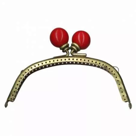 Chiusura Clutch Curva per borse, in oro antico con Perle Rosse - 13 cm