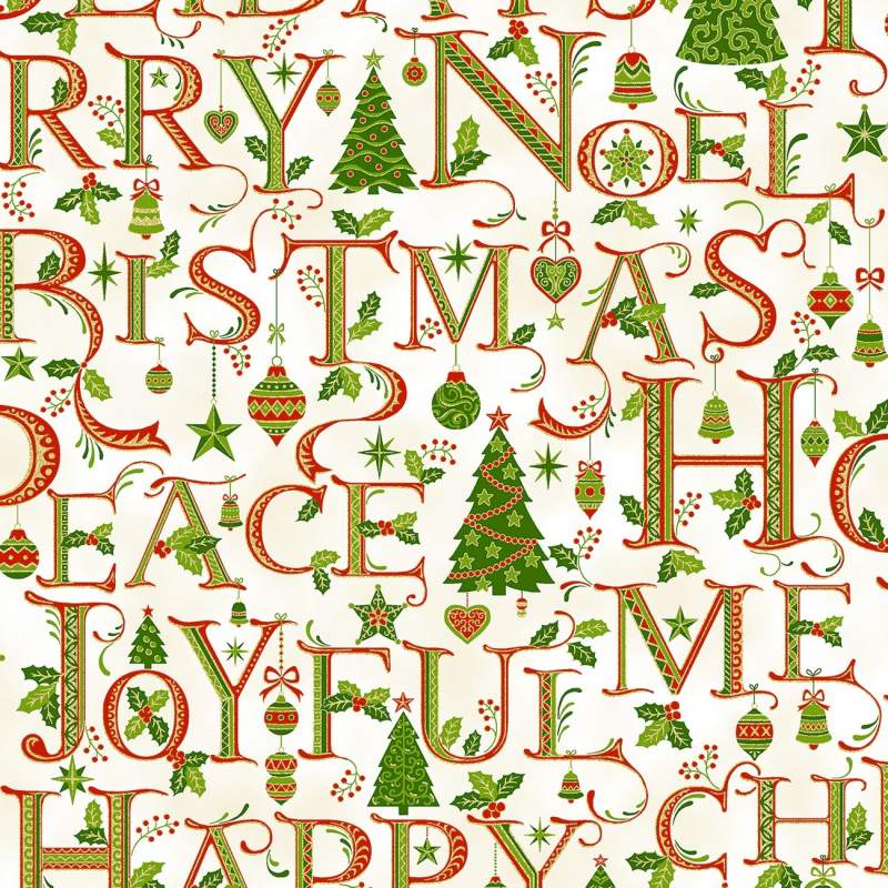 Hoffman Holiday Decadence Holiday Words, Tessuto di Natale con Scritte di Natale e inserti in Metallo Hoffman Fabrics - 1