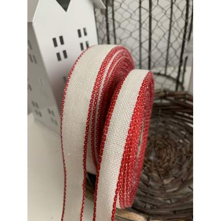 Banda da Ricamo di Lino 11 Fili Colore Bianco con Bordo Rosso
