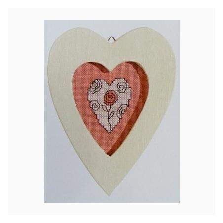 Portafoto con Cuore Ricamato Fondo Rosa, Kit Punto Croce con Cornice in Legno