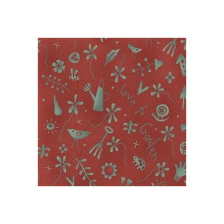 Henry Glass Love to Garden by Anni Downs, Tessuto Rosso con Disegni del Giardino Henry Glass - 1