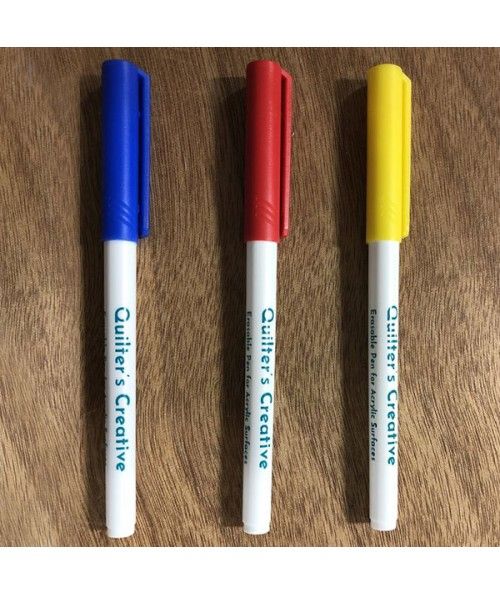 Set di 3 penne cancellabili per superfici acriliche. Include i colori blu, rosso e giallo.