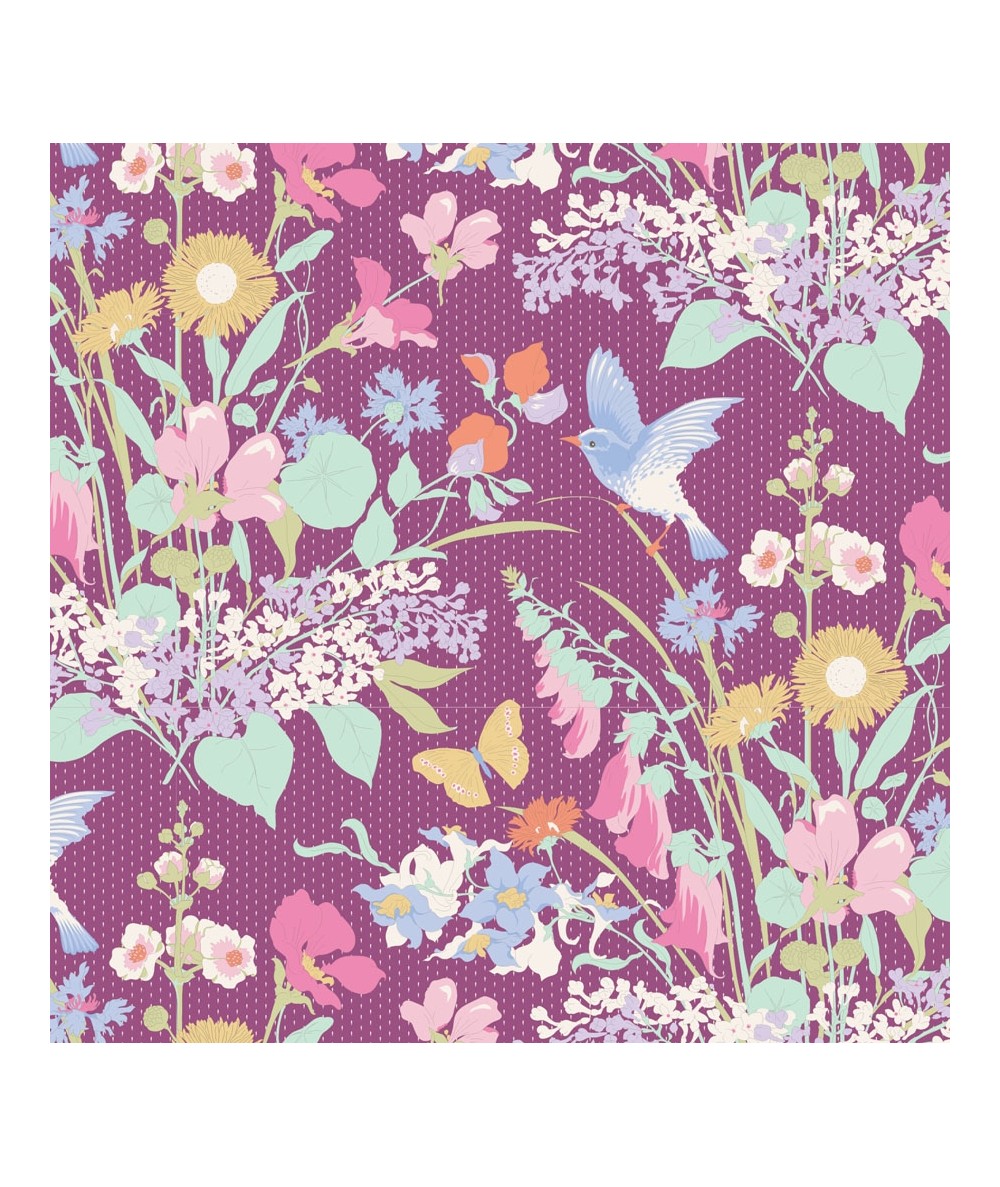 Tilda Gardenlife, Tessuto Viola con Fiori e Uccelli Tilda Fabrics - 1