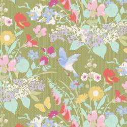 Tilda Gardenlife, Tessuto Verde con Fiori e Uccelli