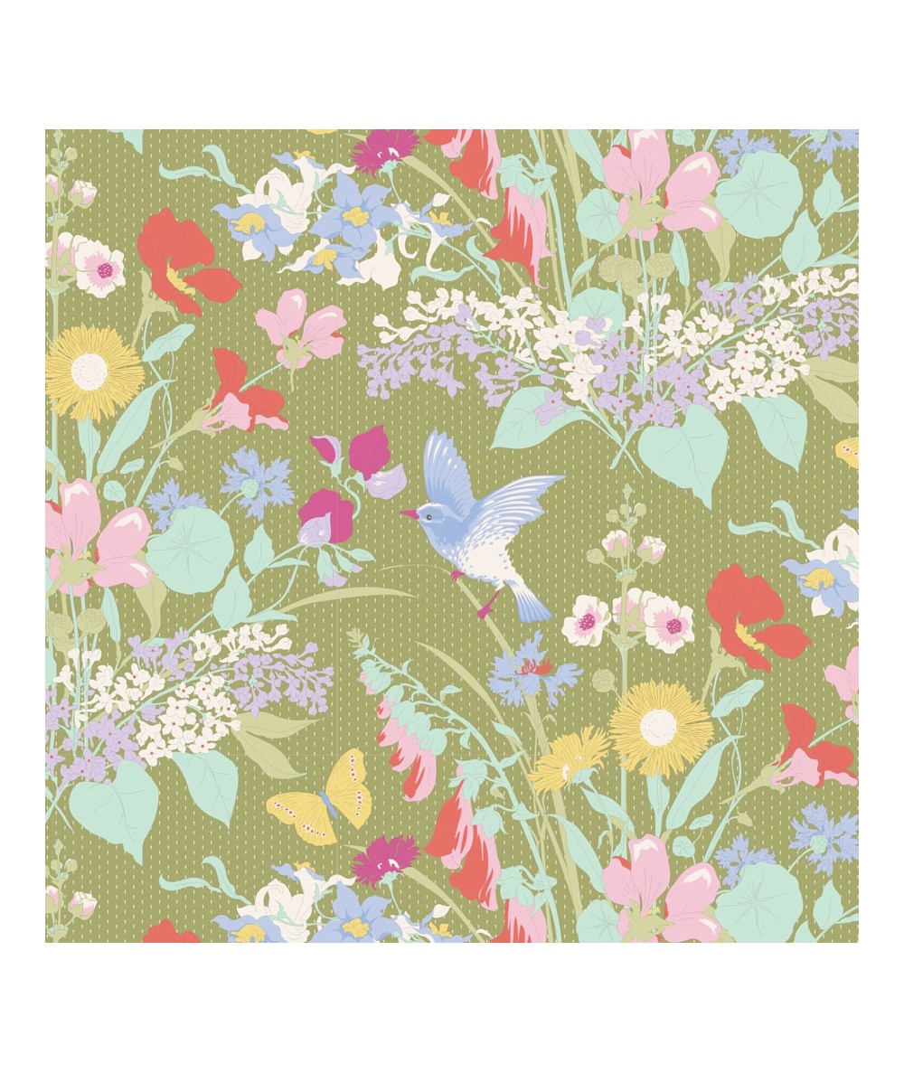 Tilda Gardenlife, Tessuto Verde con Fiori e Uccelli Tilda Fabrics - 1