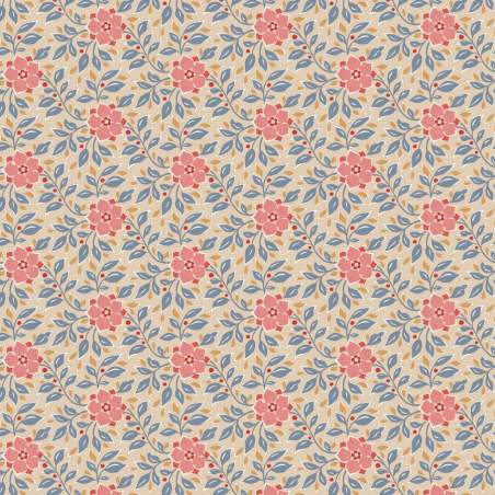 Tilda Windy Days Wendy Blue, Tessuto Panna con Fiori Rosa e Foglie Blu