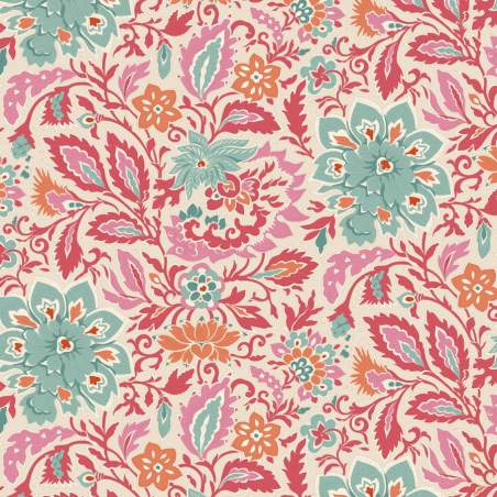 Tilda Windy Days Skyler Dusty Red, Tessuto Panna con Fiori Verde e Foglie Rosse