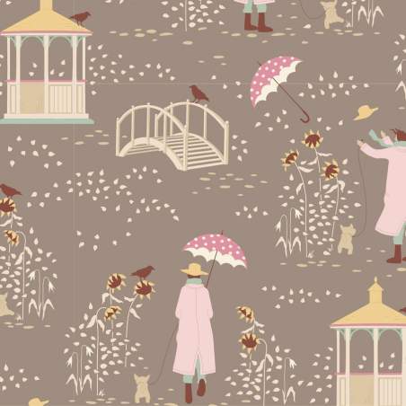 Tilda Windy Days Windy Walk Grey, Tessuto Grigio con Disegno di una Giornata Ventosa