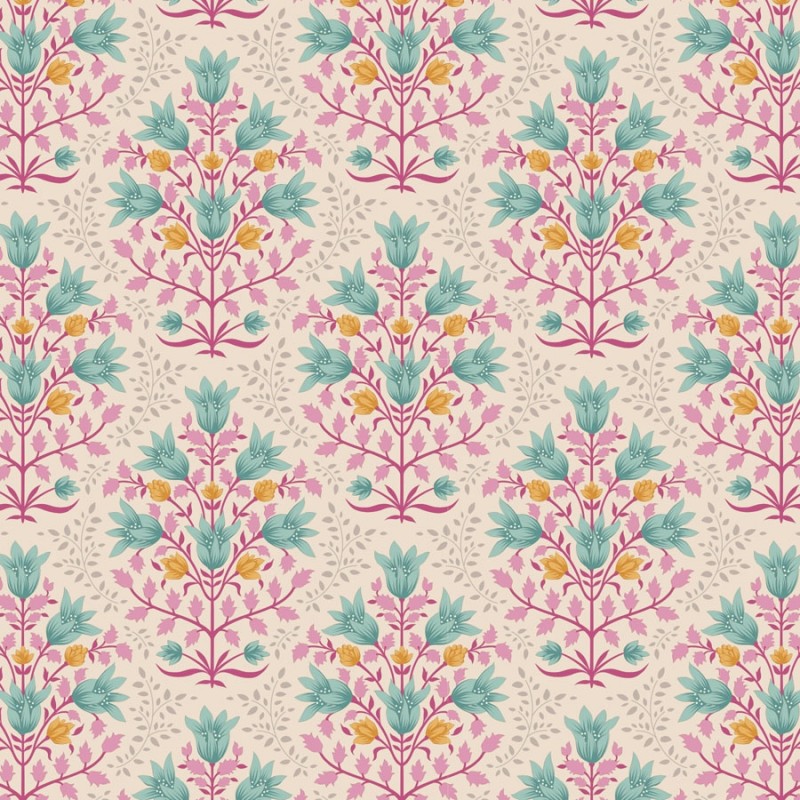Tilda Windy Days Breeze Teal, Tessuto Panna con Fiori Verde Acqua e Foglie Rosa Tilda Fabrics - 1