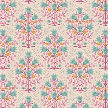 Tilda Windy Days Breeze Teal, Tessuto Panna con Fiori Verde Acqua e Foglie Rosa