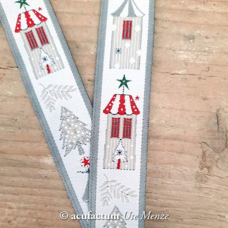 Acufactum Webband Winterhäuser - Nastro 100% Poliestere Chiaro con Casette e Alberi Invernali - 16 mm