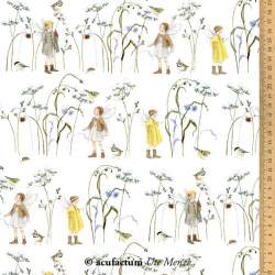 Acufactum Tessuto di cotone Bianco con Elfi e Fiori Invernali