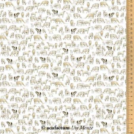 Acufactum Tessuto di Cotone Bianco con Pecore e altri Animali