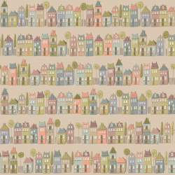 My Neighborhood by Anni Downs, Tessuto Tortora Fila di Casette Henry Glass - 1