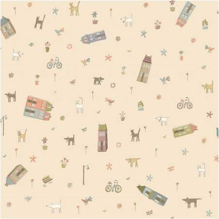My Neighborhood by Anni Downs, Tessuto Crema con Casette Sparse