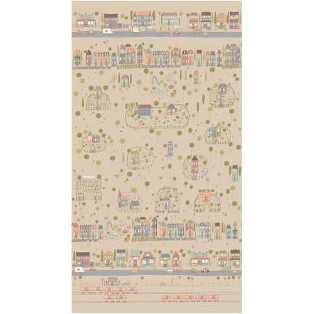 My Neighborhood by Anni Downs, Tessuto Tortora Disegno Quartiere con Casette