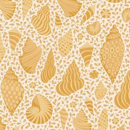 Tilda Cotton Beach Shells Honey, Tessuto Giallo con Conchiglie
