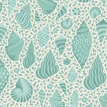 Tilda Cotton Beach Shells Teal, Tessuto Verde Acqua con Conchiglie