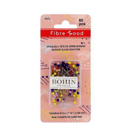 Bohin, Box Spilli Assortiti con Testa di Vetro di Murano, 80 pezzi circa