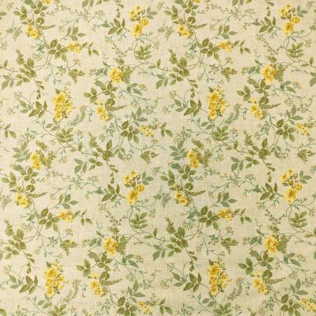 Stim Italia - Tessuto Chiaro con Fiori Azzurri e Foglie Verdi 85% cotone e 15% lino