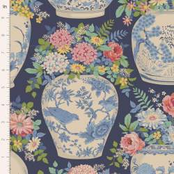 Tilda Chic Escape Flowervase Blue Navy, Tessuto Blu con Fiori in Vaso Tilda Fabrics - 1