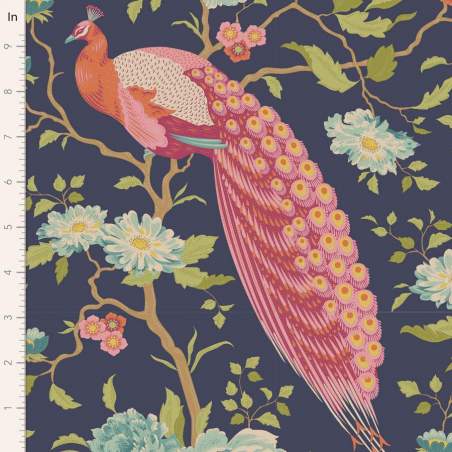 Tilda Chic Escape Peacock Tree Navy Blue, Tessuto Blu con Pavoni