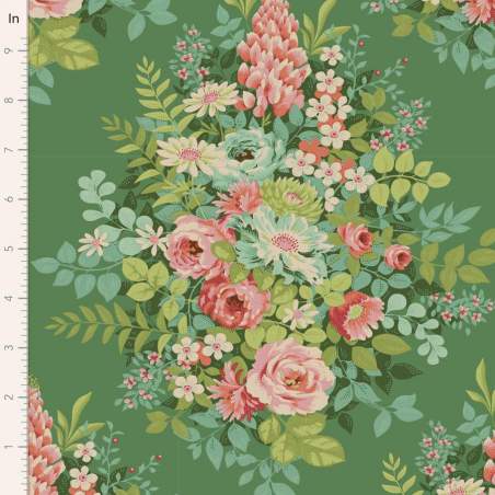 Tilda Chic Escape Whimsyflower Green, Tessuto Verde con Bouquet di Fiori
