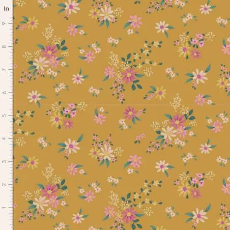 Tilda Chic Escape Daisyfield Mustard, Tessuto Giallo Senape con Campo di Margherite