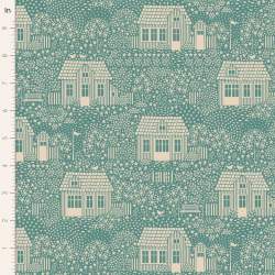 Tilda Hometown My Neighborhood Teal, Tessuto Verde Acqua con Casette in Campagna Tilda Fabrics - 1