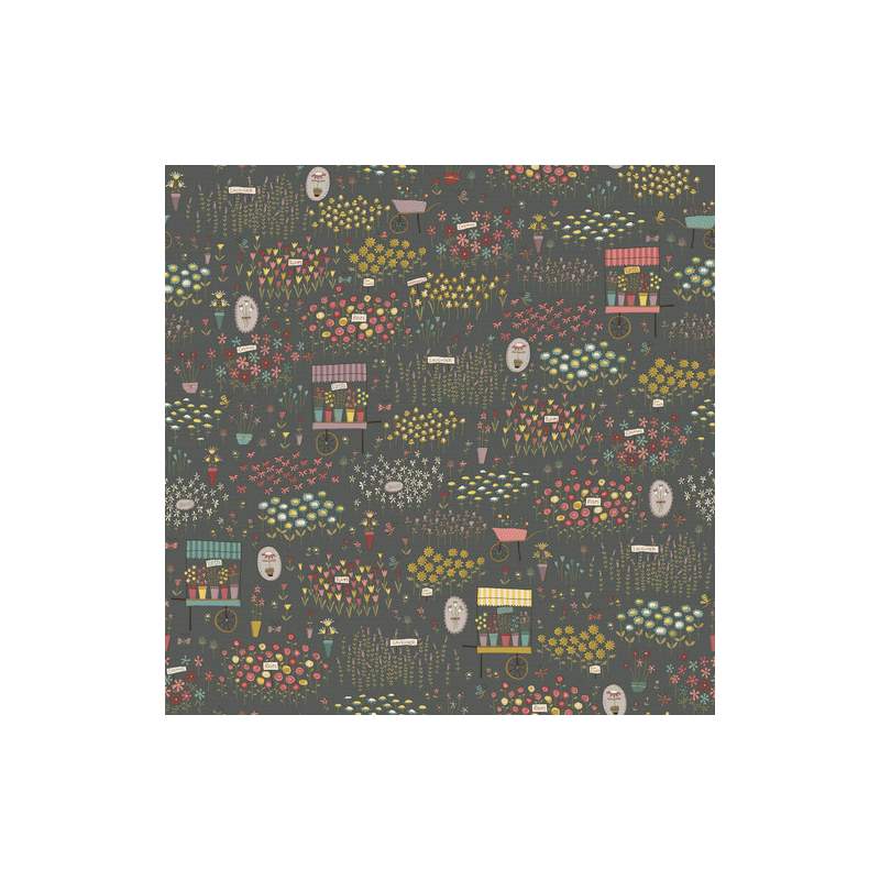 Market Garden by Anni Downs, Tessuto Verdone con motivi floreali e giardinaggio Henry Glass - 1