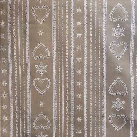 Tessuto Stampato Marrone con Cuori Bianchi per Arredamento