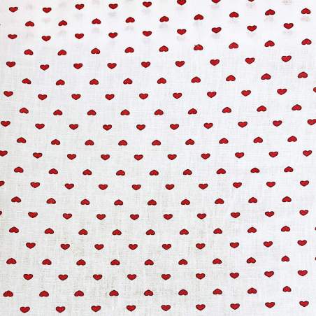 Tessuto 100% Lino, Bianco con Piccoli Cuori Rossi
