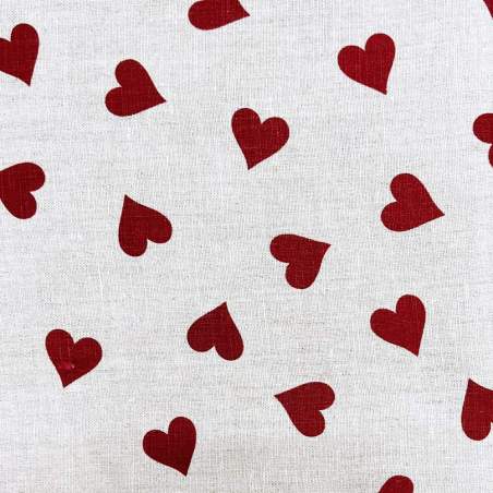 Tessuto 100% Lino, Beige con Cuori Grandi Rossi