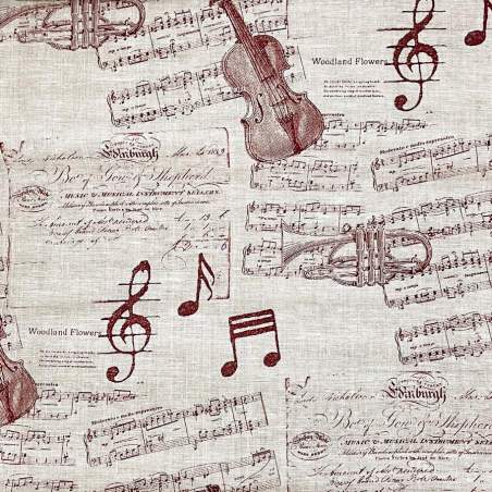 Tessuto 100% Lino, Beige con Disegno a Tema Musica
