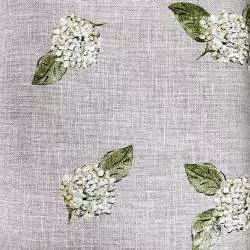 Tessuto 100% Lino, Beige con Ortensie Bianche