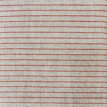 Tessuto 100% Lino, Beige Tinto in Filo con Righe Rosse
