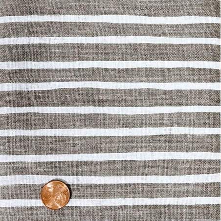 Tessuto 100% Lino, Beige con Righe Bianche Stampate