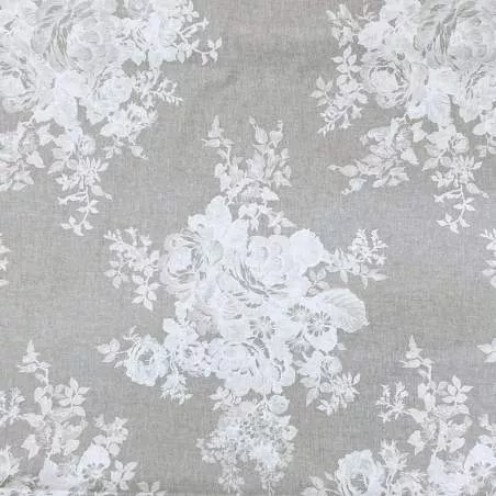 Tessuto 100% Lino, Beige con Bouquet Bianco