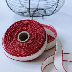Banda da Ricamo Misto Lino 11 Fili Colore Bianco con Bordo Rosso 10 mm